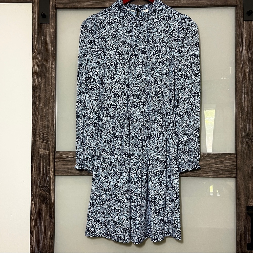 Micro-Floral Blue Prairie Peasant Mock-Neck Boden Dress w/ Pockets US Size 2